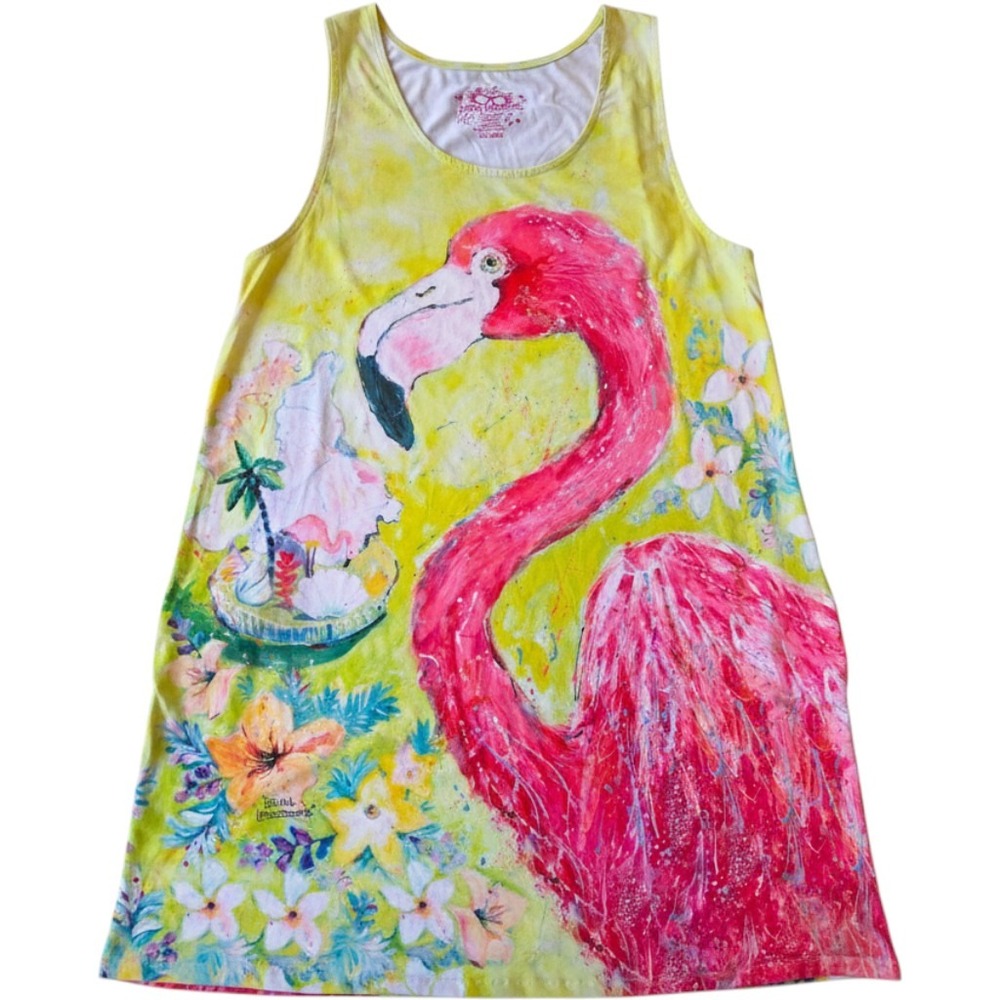 Leoma Lovegrove Flamingo Tropical Floral Tank Dress XL Beach Resort Art to Wear